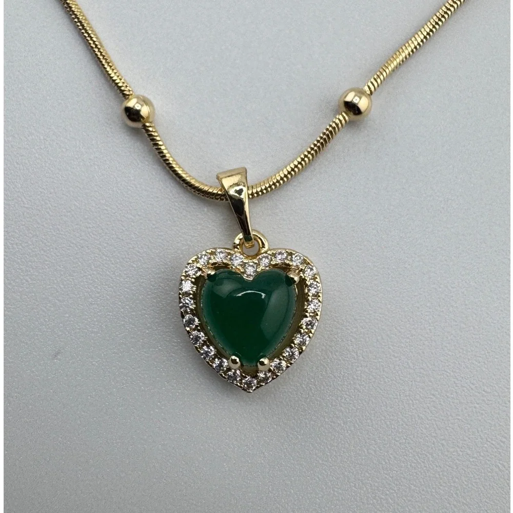 14K Gold Plated Heart Green Stone Halo‎ Pendant Necklace Snake Chain with Beads